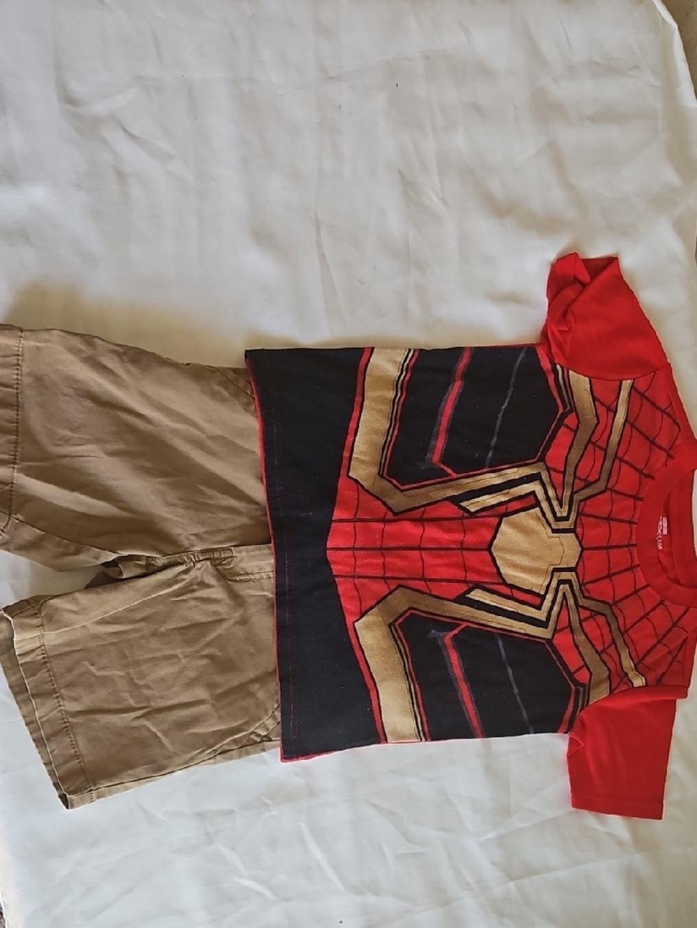 Marvel Red and Gold Spider-Man Inspired Tee with Tan Shorts